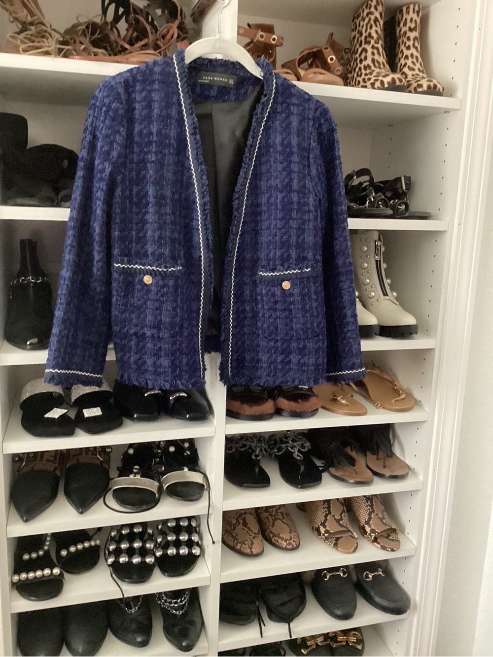 Zara Deep Blue Bouclé Open-Front Blazer with Gold Buttons